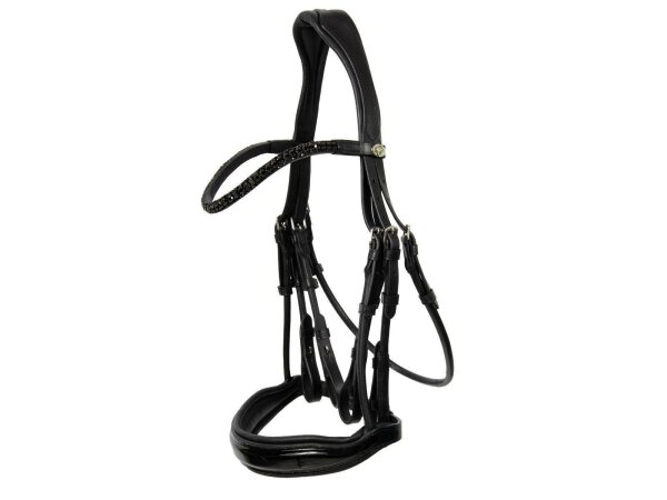 Hans Melzer Horse Equipment Aachen Double Bridle – round-stitched English noseband – Black/Silver – Patent